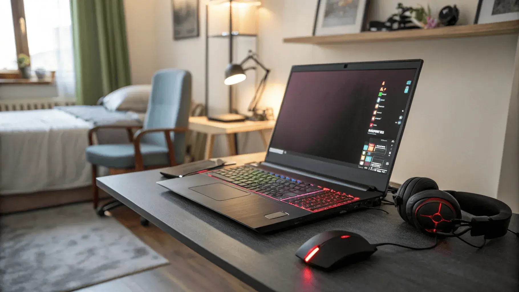 Herní notebook na stole