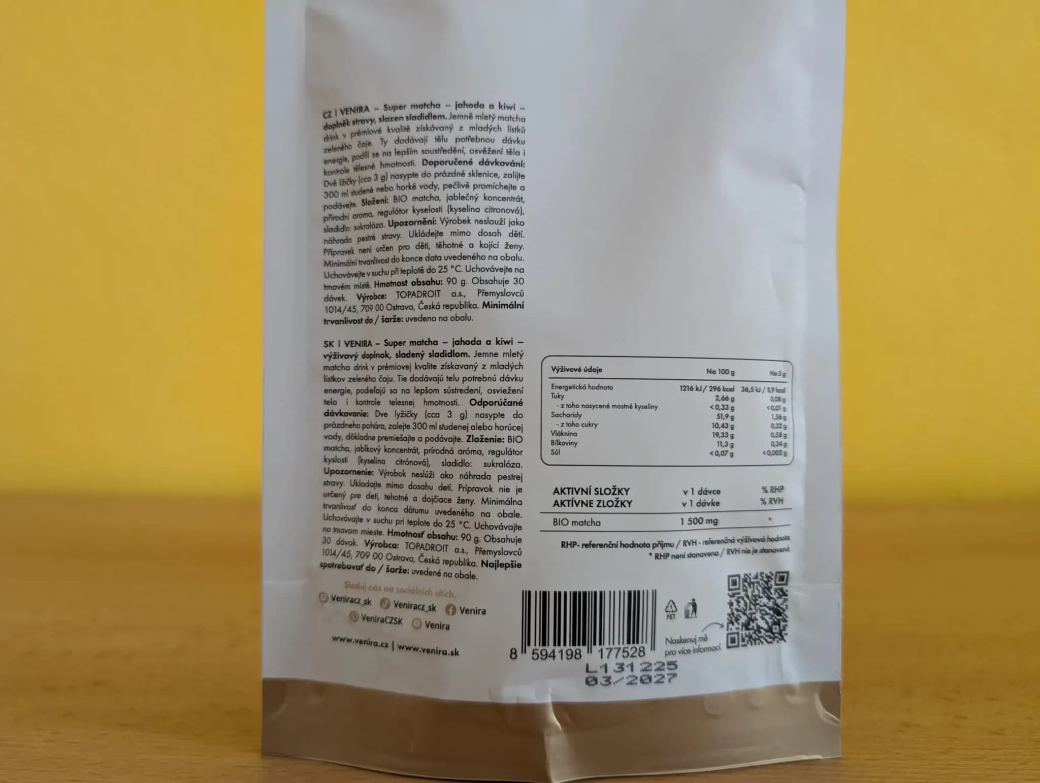 Venira Super matcha jahoda-kiwi zadní strana