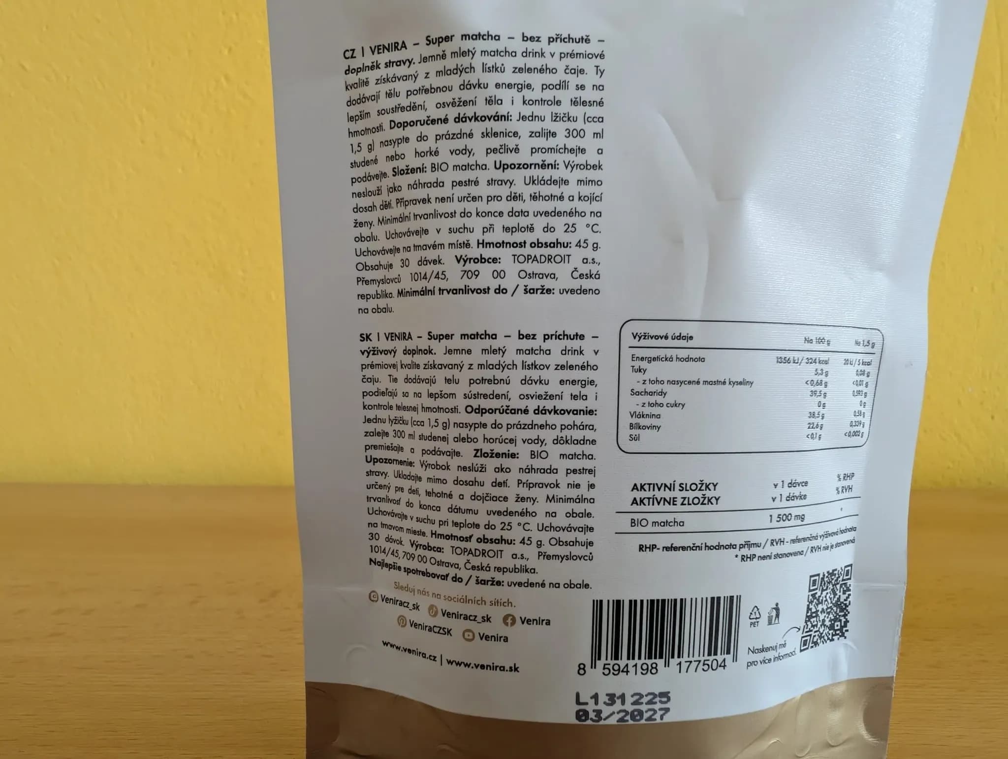 Venira Super matcha zadní strana